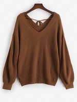 ZAFUL Plus Size V Neck Tie Back Sweater