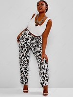 ZAFUL Plus Size V-notched Leopard Belted Paperbag Pants Set