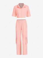 ZAFUL Pocket Crop Shirt and Straight Cargo Pants Set M Light pink