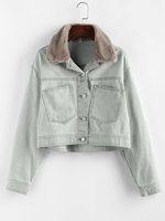ZAFUL Pocket Faux Fur Collar Drop Shoulder Denim Jacket M Light blue