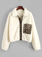 ZAFUL Pocket Leopard Print Teddy Coat S Warm white