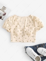 ZAFUL Puff Sleeve Ditsy Print Cropped Blouse S Light coffee
