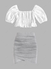 ZAFUL Puff Sleeve Eyelet Ruched Tulip Skirt Set White
