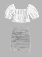 ZAFUL Puff Sleeve Eyelet Ruched Tulip Skirt Set White
