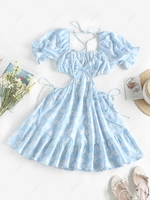 ZAFUL Puff Sleeve Floral Print Cutout Flounced Dress M Light blue