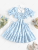 ZAFUL Puff Sleeve Floral Print Cutout Flounced Dress S Light blue