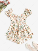 ZAFUL Puff Sleeve Floral Print Cutout Ruffled Romper M Light pink