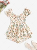 ZAFUL Puff Sleeve Floral Print Cutout Ruffled Romper S Light pink