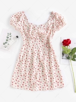 ZAFUL Puff Sleeve Floral Print Mini Dress Xl White
