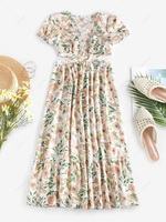 ZAFUL Puff Sleeve Flower Cutout Flounce Midi Dress M Light pink