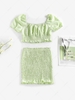 ZAFUL Puff Sleeve Gingham Top and Smocked Skirt Set S Light green
