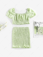 ZAFUL Puff Sleeve Gingham Top and Smocked Skirt Set Xl Light green