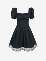ZAFUL Puff Sleeve Lace Panel Milkmaid Mini Dress S Black