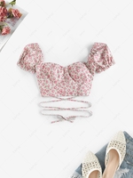 ZAFUL Puff Sleeve Lace Up Floral Print Cropped Blouse M Light pink