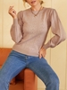 ZAFUL Puff Sleeve Pointelle Knit Crew Neck Sweater S Light coffee