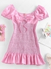 ZAFUL Puff Sleeve Smocked Flounce Cinched Dress L Light pink