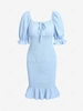 ZAFUL Puff Sleeve Smocked Ruffled Hem Milkmaid Mini Dress L Light blue