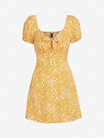 ZAFUL Puff Sleeve Smocked Tiny Floral Print Bowknot Dress S Yellow