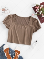 ZAFUL Puff Sleeve Square Neck Crop T Shirt L Deep coffee
