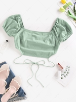 ZAFUL Puff Sleeve Tie Back Crop Blouse M Light green
