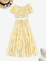 ZAFUL Puff Sleeve Tie Dye Off Shoulder Tiered Maxi Skirt Set M Yellow