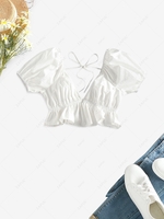 ZAFUL Puff Sleeve Tie Peplum Crop Blouse Xl White