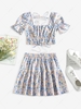 ZAFUL Puff Sleeve Ties Floral Top and Tiered Skirt Set M Light blue