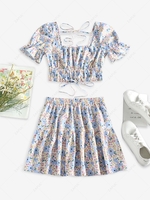 ZAFUL Puff Sleeve Ties Floral Top and Tiered Skirt Set M Light blue