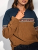 ZAFUL Quarter Zip Colorblock Jacquard Fleece Sweatshirt M Coffee