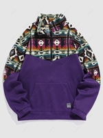 ZAFUL Quater Zip Polar Fleece Spliced Ethnic Printed Hoodie Xxl Purple