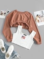 ZAFUL Raglan Sleeve Crop Sweatshirt with Patriotic American Flag Print Tank Top L