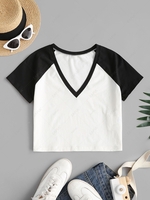 ZAFUL Raglan Sleeve Two Tone Cropped T-shirt S White