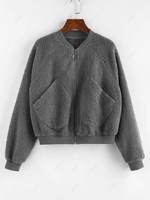 ZAFUL Raglan Sleeve Zip Up Pocket Teddy Jacket M Dark gray
