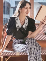 ZAFUL Retro Embroidered Flat Collar Puff Sleeve Blouse S Black