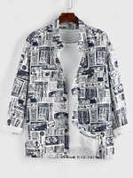 ZAFUL Retro Newspaper Print Long Sleeve Pocket Shirt M Deep blue