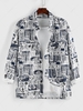 ZAFUL Retro Newspaper Print Long Sleeve Pocket Shirt Xxl Deep blue