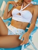 ZAFUL Ribbed Halter Floral Print Knot Bikini Swimwear S White