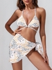 ZAFUL Ribbed Halter Mixed Print Three Piece Bikini Swimwear M Light orange