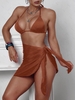 ZAFUL Ribbed Halter Tie Three Piece Bikini Swimwear S Coffee