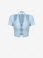 ZAFUL Ribbed Heart Shaped Ring Cut Out Halter T Shirt L Light blue