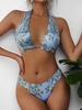 ZAFUL Ribbed High Cut Floral Convertible Bikini Swimwear S Ocean blue