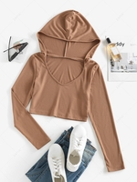 ZAFUL Ribbed Hooded Slim Crop Tee L Coffee
