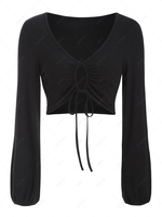 ZAFUL Ribbed Keyhole Drawstring Crop T Shirt L Black