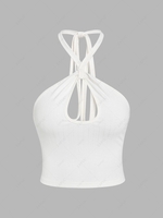 ZAFUL Ribbed Keyhole Halter Crop Tank Top L White