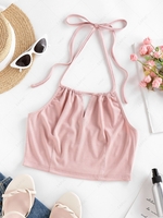 ZAFUL Ribbed Keyhole Halter Crop Tank Top M Light pink