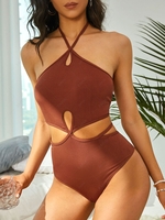 ZAFUL Ribbed Keyhole Halter Cut Out One-piece Swimsuit S Coffee