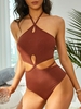 ZAFUL Ribbed Keyhole Halter Cut Out One-piece Swimsuit Xl Coffee
