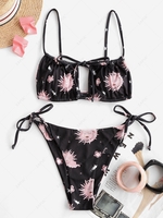 ZAFUL Ribbed Keyhole Sun Print String Bikini Swimwear L Black