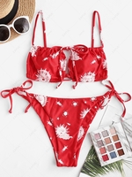 ZAFUL Ribbed Keyhole Sun Print String Bikini Swimwear L Red