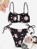ZAFUL Ribbed Keyhole Sun Print String Bikini Swimwear M Black